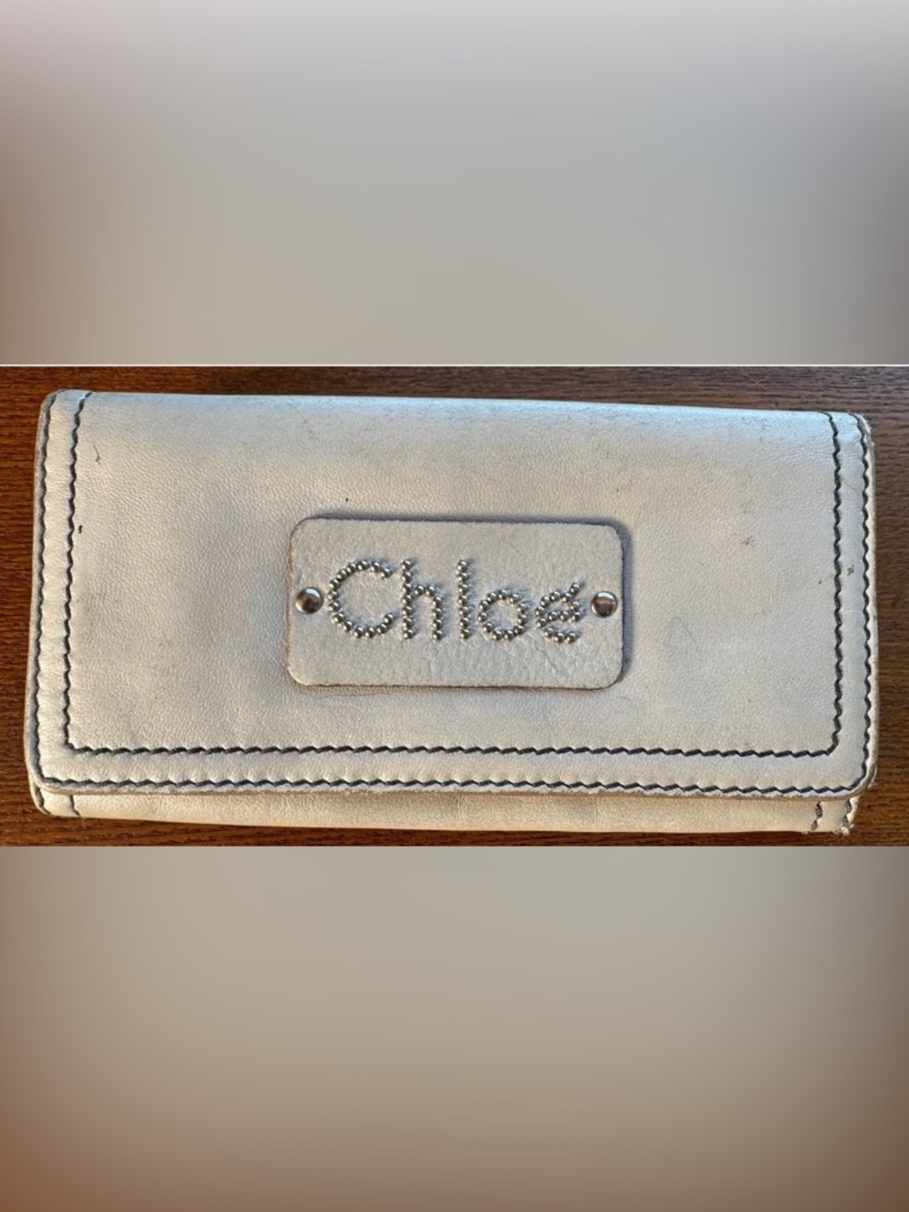 Chloé Vintage Off White Leather Bi Fold Long Wallet with Studded Logo W/ COA